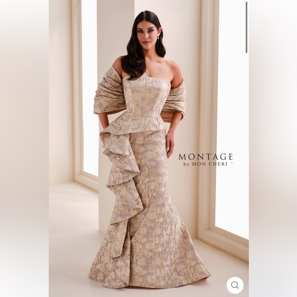 STUNNING Mon Cheri Montage gold grey-silver cream formal MOB or MOG dress EUC - Picture 5 of 8